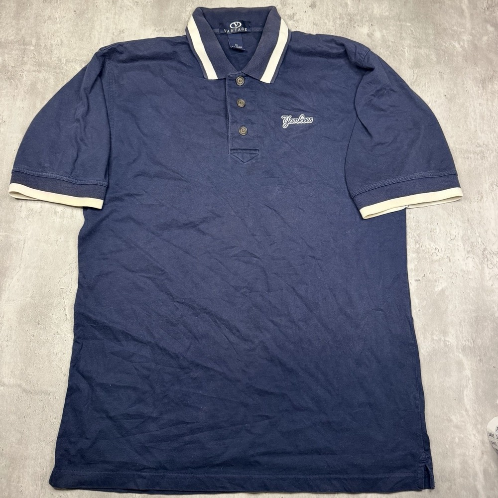 Vintage New York Yankees Vantage Polo Shirt Mens M Blue Script Logo Short Sleeve